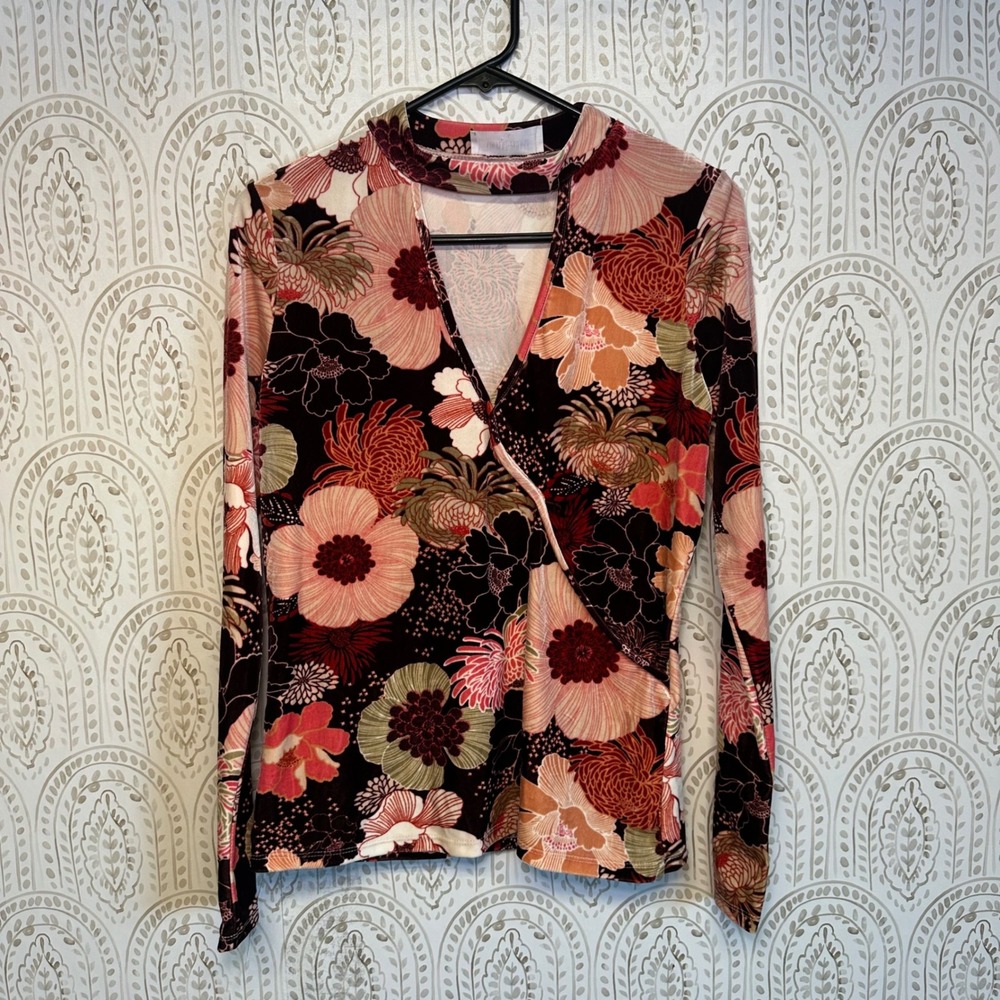 CURRENT PROJECT Womens Large Floral Print Mock Neck Cutout‎ Long Sleeve Top
